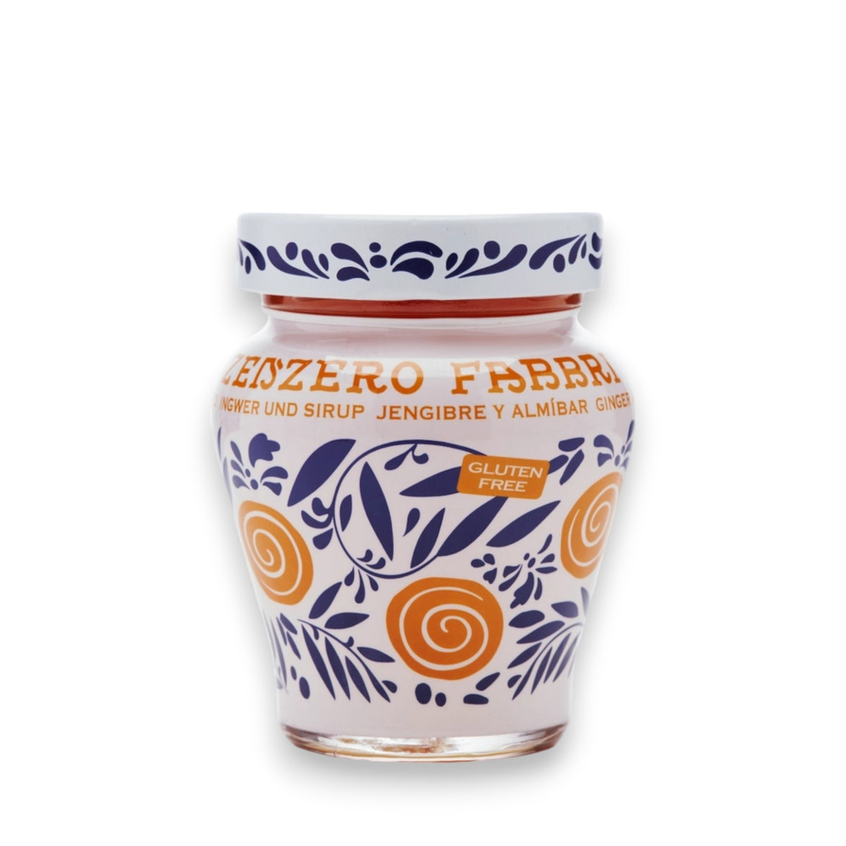 A vibrant jar of FABBRI - CANDIED GINGER IN SYRUP by Gourmet Food Solutions, featuring a decorative blue and white lid and an intricate orange and blue design on the glass. The front label prominently displays &quot;Gluten Free.&quot; The jar is set against a white background, capturing the essence of candied ginger.