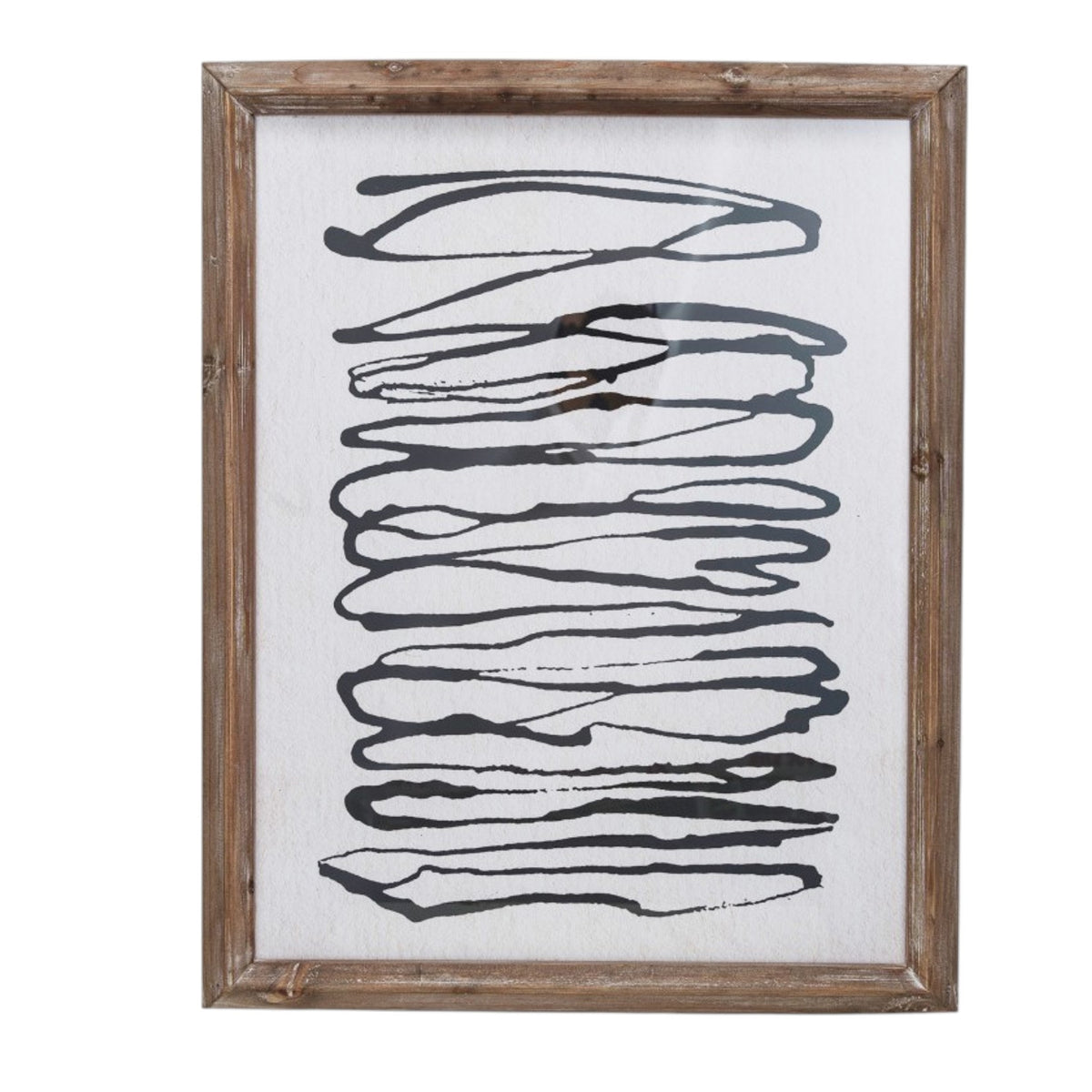 The WOOD FRAMED ABSTRACT LINE ART by CREATIVE COOP features two minimalist prints: one with stacked wavy black lines, the other with looping swirls forming an irregular oval, both on white backgrounds in wooden frames.