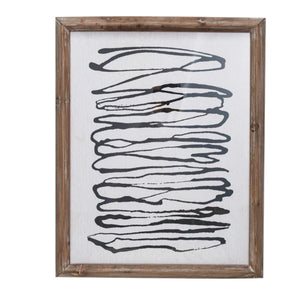 The WOOD FRAMED ABSTRACT LINE ART by CREATIVE COOP features two minimalist prints: one with stacked wavy black lines, the other with looping swirls forming an irregular oval, both on white backgrounds in wooden frames.