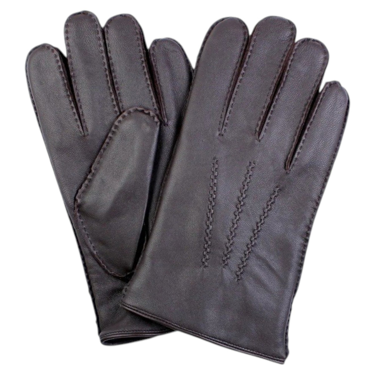 AMANDA CHRISTENSEN - LEATHER GLOVES WITH WOOL LINING IN BROWN: pair of dark brown goatskin leather gloves with a turned-down tan wool lining.