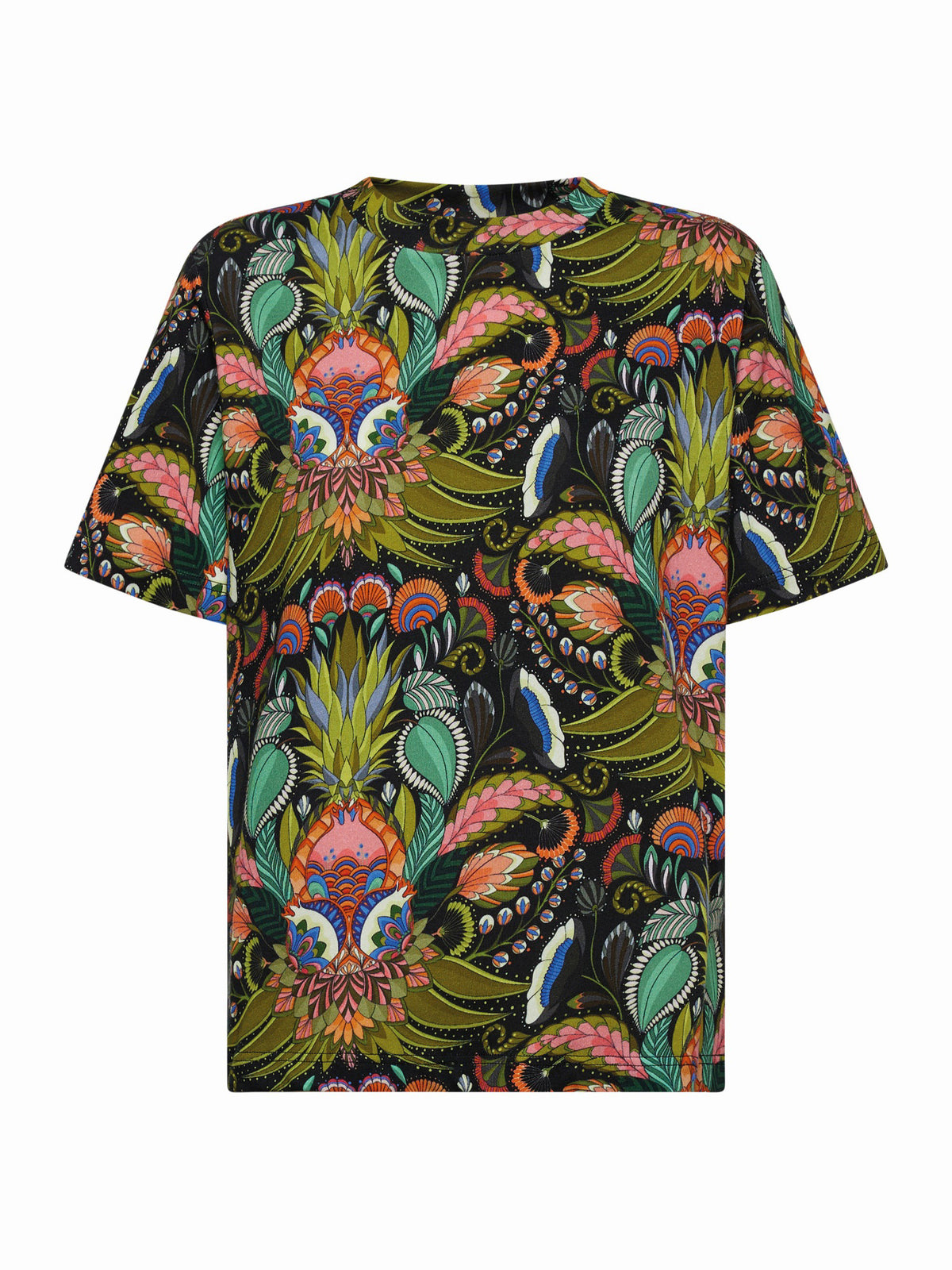 The FRANCO FERRARI PRINT COTTON T-SHIRT combines artistic flair with a colorful geometric star pattern in white, teal, orange, and blue on an orange background, making it ideal for elevated casual wear.