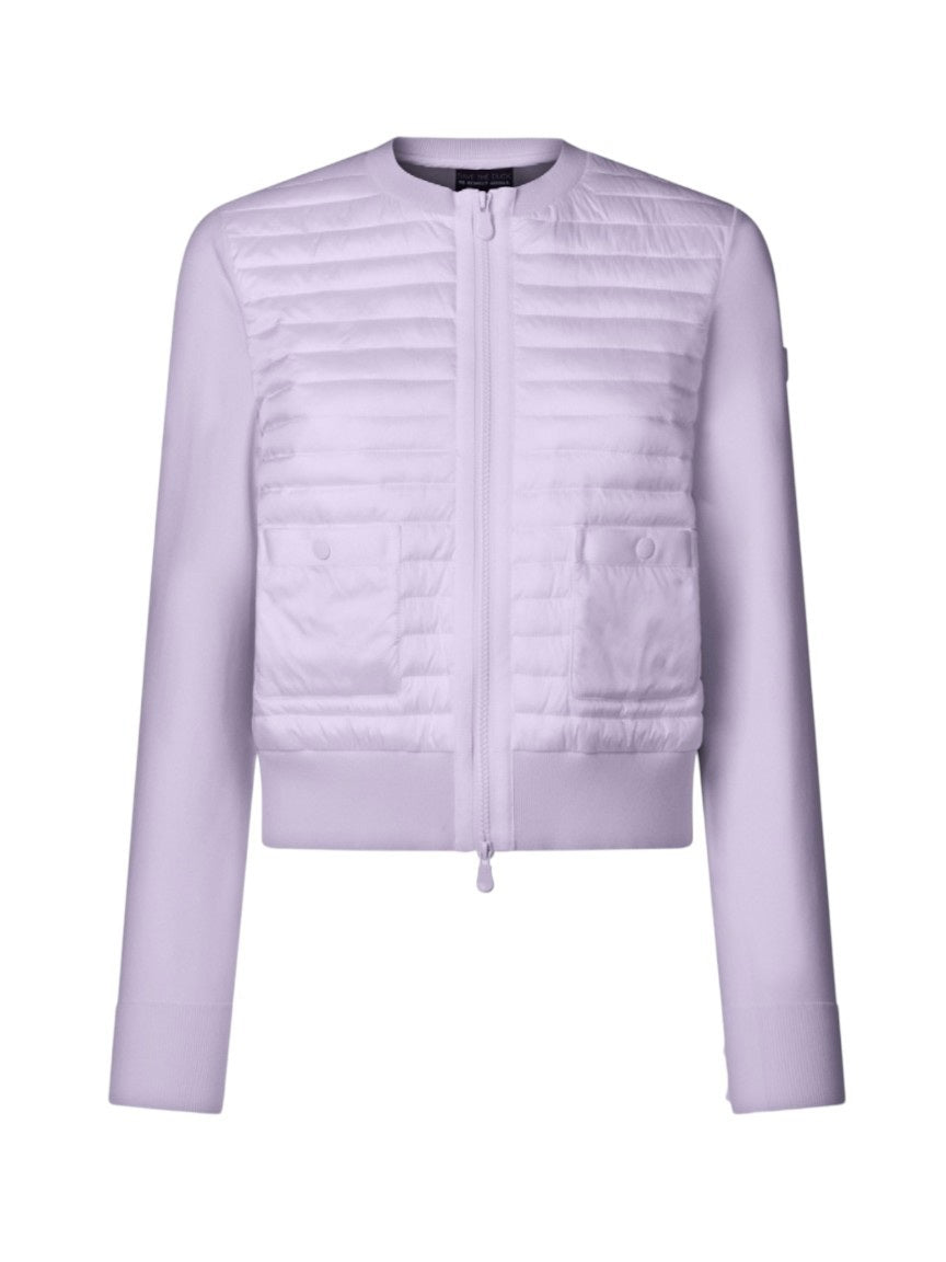 The SAVE THE DUCK - BRIONY LIGHTWEIGHT PUFFER is a light purple, collarless cropped jacket perfect for summer layering, featuring a quilted front, smooth sleeves and sides, front zipper closure, and two front flap pockets.