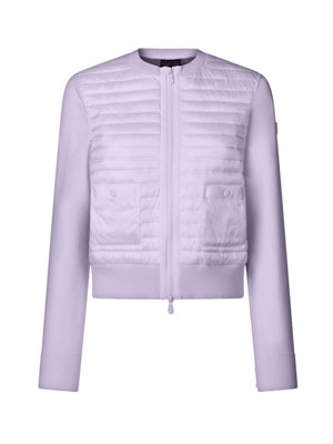 The SAVE THE DUCK - BRIONY LIGHTWEIGHT PUFFER is a light purple, collarless cropped jacket perfect for summer layering, featuring a quilted front, smooth sleeves and sides, front zipper closure, and two front flap pockets.