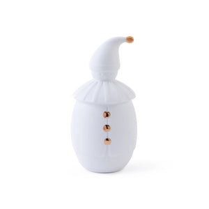The ZODAX PORCELAIN SNOW JESTER FIGURINE features a white snowman shape with a pointed hat, ruffled collar, three gold buttons, and a gold-tipped hat. Dimensions: 8.89 cm x 17.78 cm (3.5 in x 7 in).