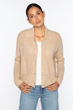 The KINROSS CASHMERE Mixed Texture Collared Cotton Cardigan by KINROSS is a white, long-sleeve button-up cardigan with a textured knit and slightly cropped fit, made from 100% cotton.