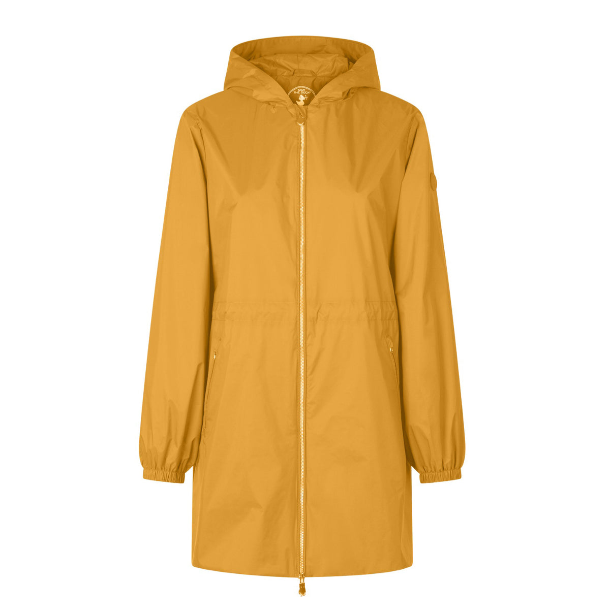 View of the SAVE THE DUCK - FLEUR Lightweight Rain Jacket from the back: a yellow, waterproof, hooded coat made from recycled polyester. It has long sleeves with elastic cuffs, a straight hem, and an overlapping flap detail on the upper back for added style and sustainability.