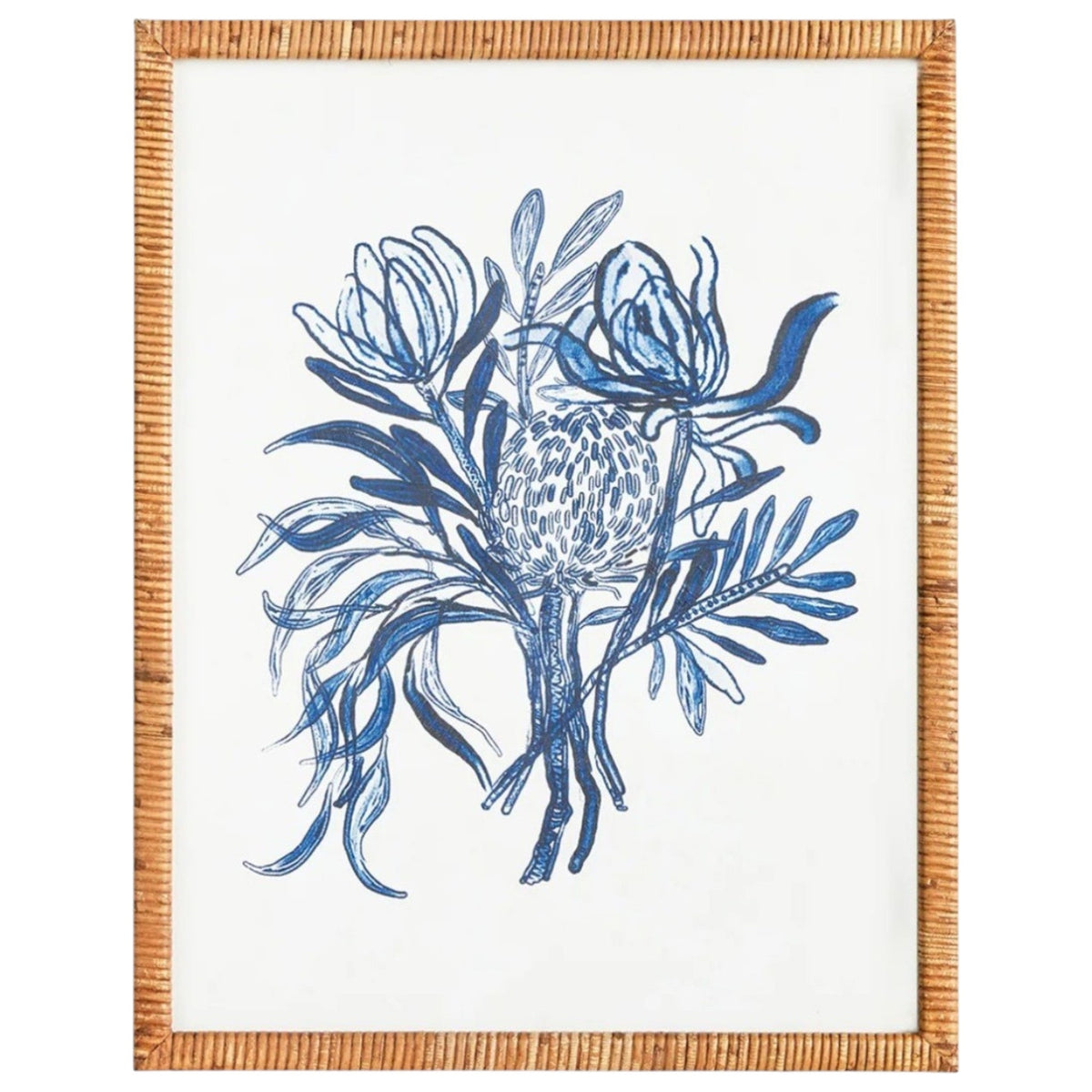 The NAPA HOME AND GARDEN - BANKSIA BOUQUET PRINT offers two framed artworks with blue botanical illustrations and rattan-wrapped frames; one features abstract florals, and the other showcases monochromatic bouquets in soothing tones, perfect for in-store pickup to enhance your decor.