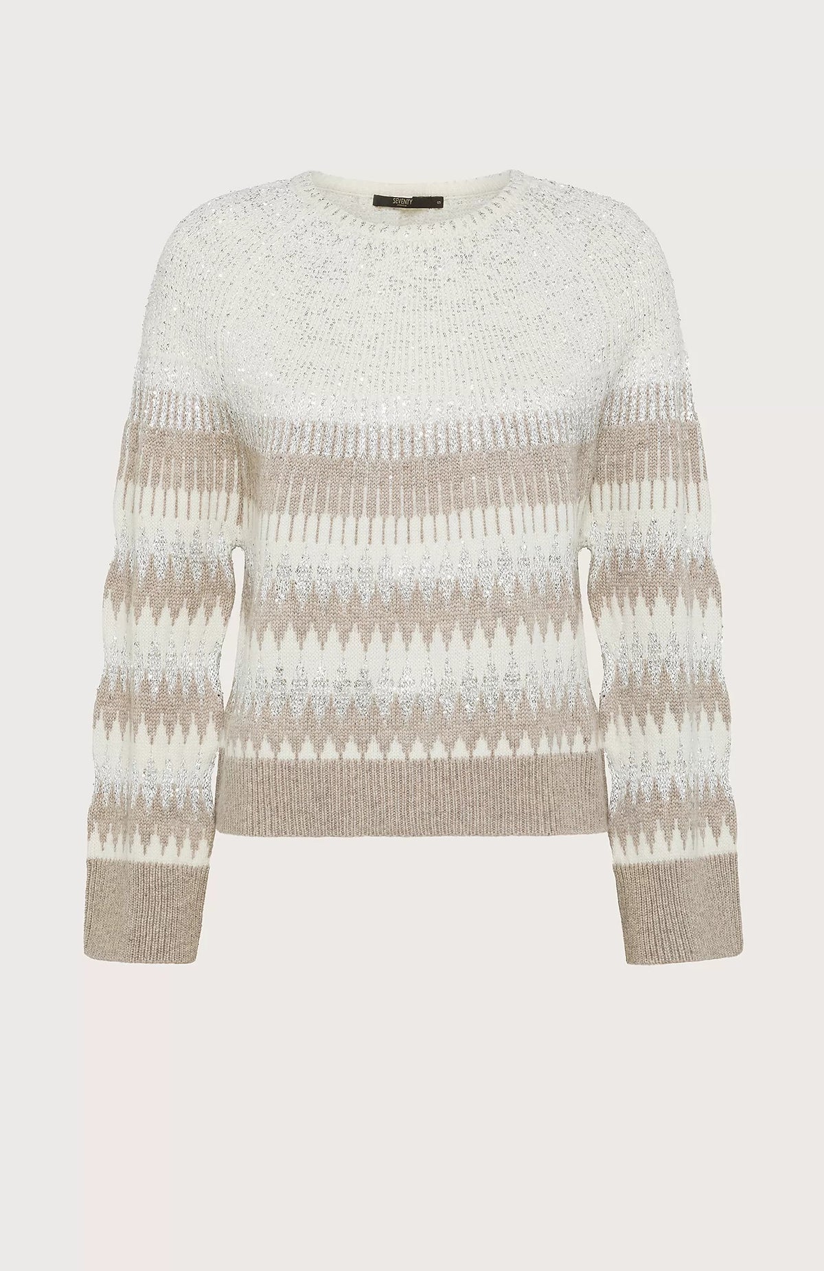 The SEVENTY - SEQUIN INLAID CREWNECK SWEATER by SEVENTY is a knitted wool piece featuring a cream-colored base with a beige geometric pattern. It boasts a round neckline, long sleeves, and ribbed cuffs and hem.