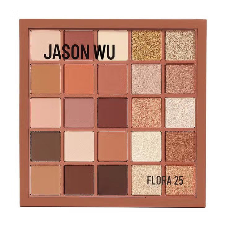 The JASON WU BEAUTY - FLORA 25 EYESHADOW artistry shadow palette contains 25 shades arranged in a 5x5 grid, ranging from light beiges and pinks to darker browns and rich shimmers. It features both shimmer and matte shades to inspire endless creativity.