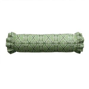 The LOOM & CLOTH - Lattice Ruffled Bolster Pillow in Green features a white geometric pattern and charming ruffled edges, bringing a touch of vintage-chic style to any space.