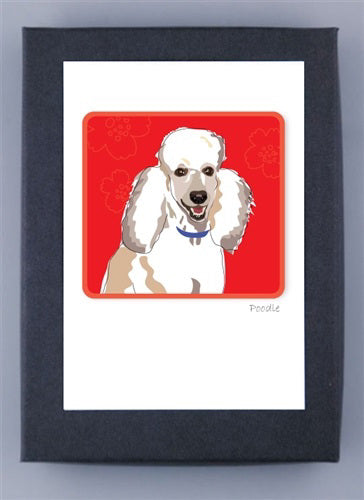 The PAPER RUSSELLS - POODLE BOX NOTES by PAPER RUSSELLS features a charming illustration of a curly-furred poodle against a red, floral-patterned background. The dog has a blue collar and "Poodle" written underneath. It's printed on FSC certified, recycled paper and made in the USA, all framed in black.