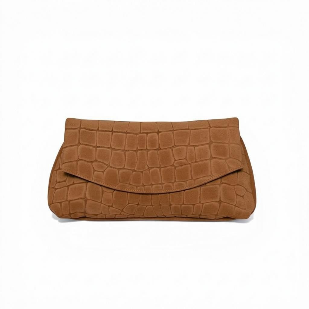 OLIVEVE Valentina Clutch in caramel croco-embossed suede featuring a fold-over flap and magnetic snap closure.