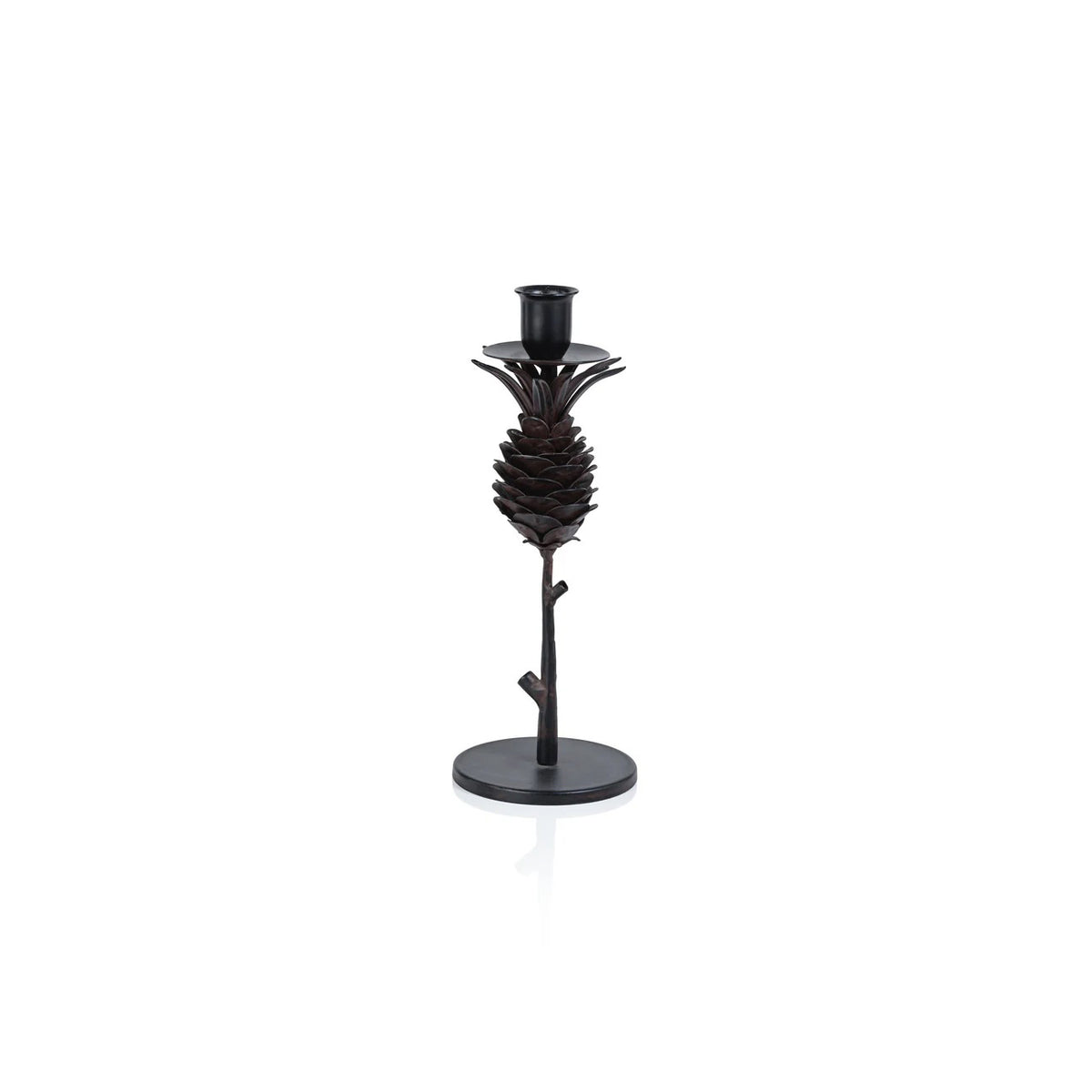 The ZODAX PINE CONE DESIGN WROUGHT IRON CANDLE HOLDER - SHORT features a black pinecone shape on a slender stem with a round base, displayed upright against a white background.