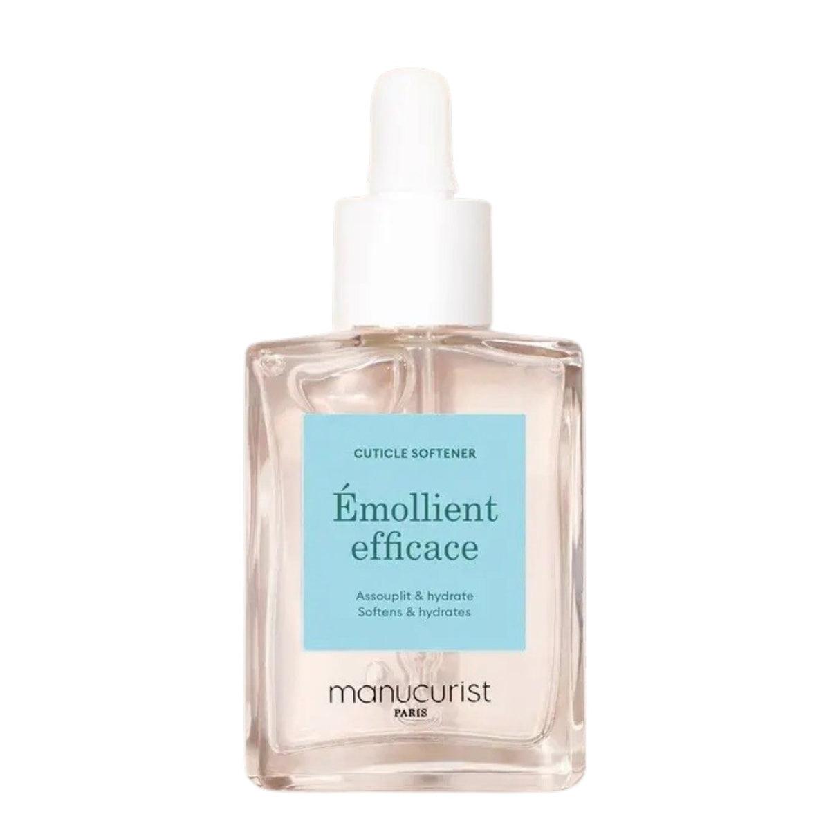 A clear glass dropper bottle labeled “MANUCURIST - EFFECTIVE CUTICLE SOFTENER” by MANUCURIST INC, featuring a light blue label with white text and a white dropper cap; this plant-based formula is designed to soften cuticles for optimal nail preparation.