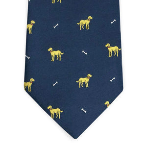 The BIRD DOG BAY - DOGGONE SILK TIE IN NAVY features a charming pattern of yellow dogs and white bones, making this silk tie from BIRD DOG BAY a stylish pick for any canine enthusiast.
