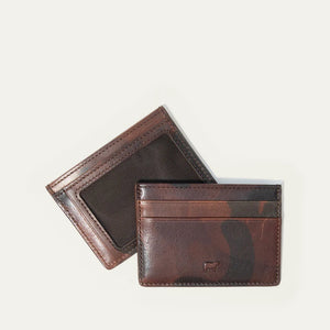 Two WILL LEATHER GOODS Military Pocket Card Cases in military green are shown on a light background: one features RFID-blocking protection with a transparent ID slot, while the other displays card slots and an embossed animal logo.