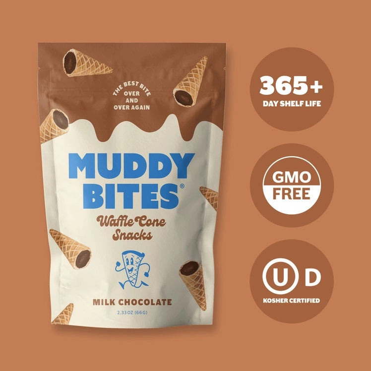 A bag of MUDDY BITES- MILK CHOCOLATE WAFFLE CONES against a brown background. The resealable packaging features the slogan "The Best Bit Over and Over Again" and boasts a 365+ day shelf life. This GMO-free product is also Kosher certified (D).
