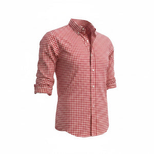 The FRANK & EILEEN Finbar Men's Button Up Shirt in Red and White Check features Italian cotton, a collar, and rolled-up sleeves, shown on a white background.