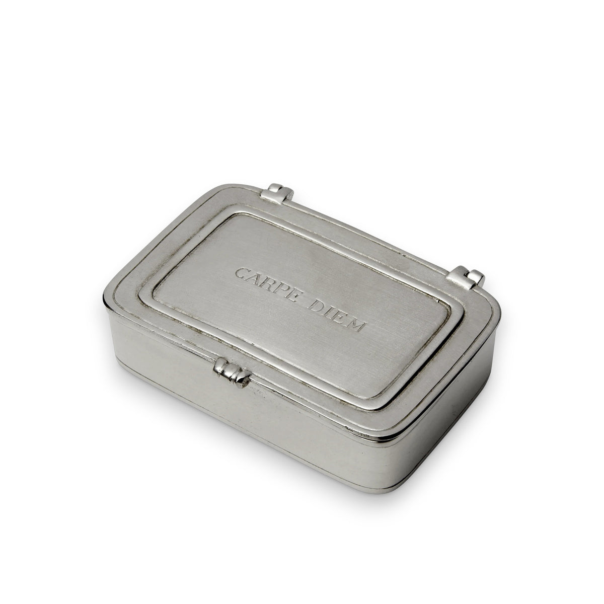 The MATCH &#39;CARPE DIEM&#39; Pewter Box is a small, rectangular box with a hinged lid engraved &quot;CARPE DIEM&quot; on top, shown against a white background.