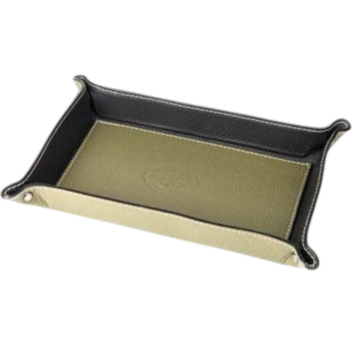 LE BORSETTE - LARGE RECTANGULAR HAMMERED LEATHER VALET TRAY IN MILITARY GREEN with an olive green interior and black exterior walls.