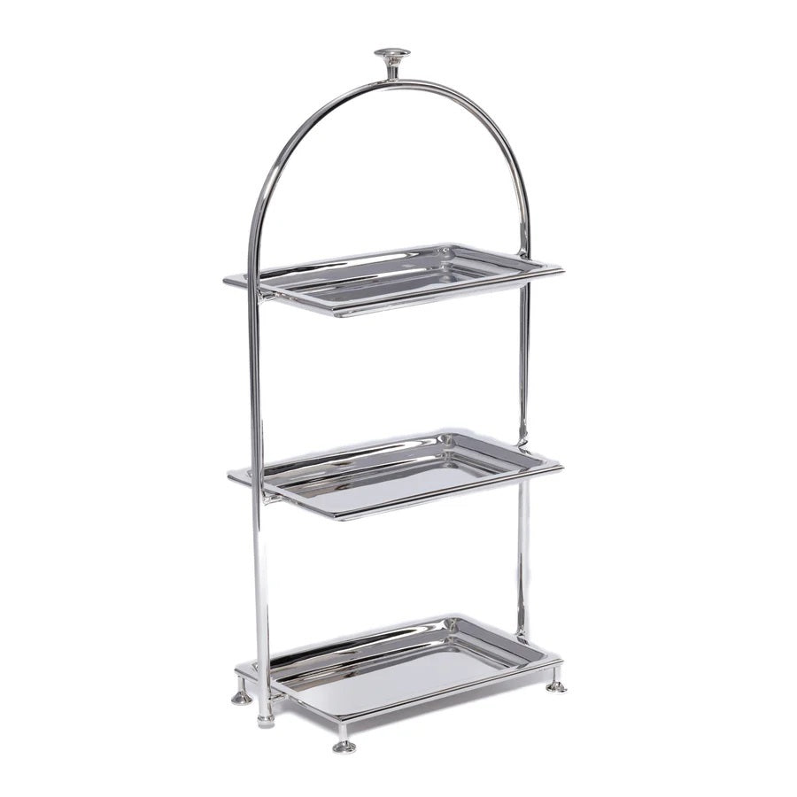 The HIGH TEA 3-TIER STAND, POLISHED NICKEL by ZODAX features rectangular trays and an arched handle, making it a modern serving piece ideal for displaying or serving pastries and snacks at elegant gatherings.