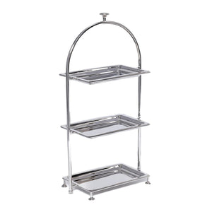 The HIGH TEA 3-TIER STAND, POLISHED NICKEL by ZODAX features rectangular trays and an arched handle, making it a modern serving piece ideal for displaying or serving pastries and snacks at elegant gatherings.