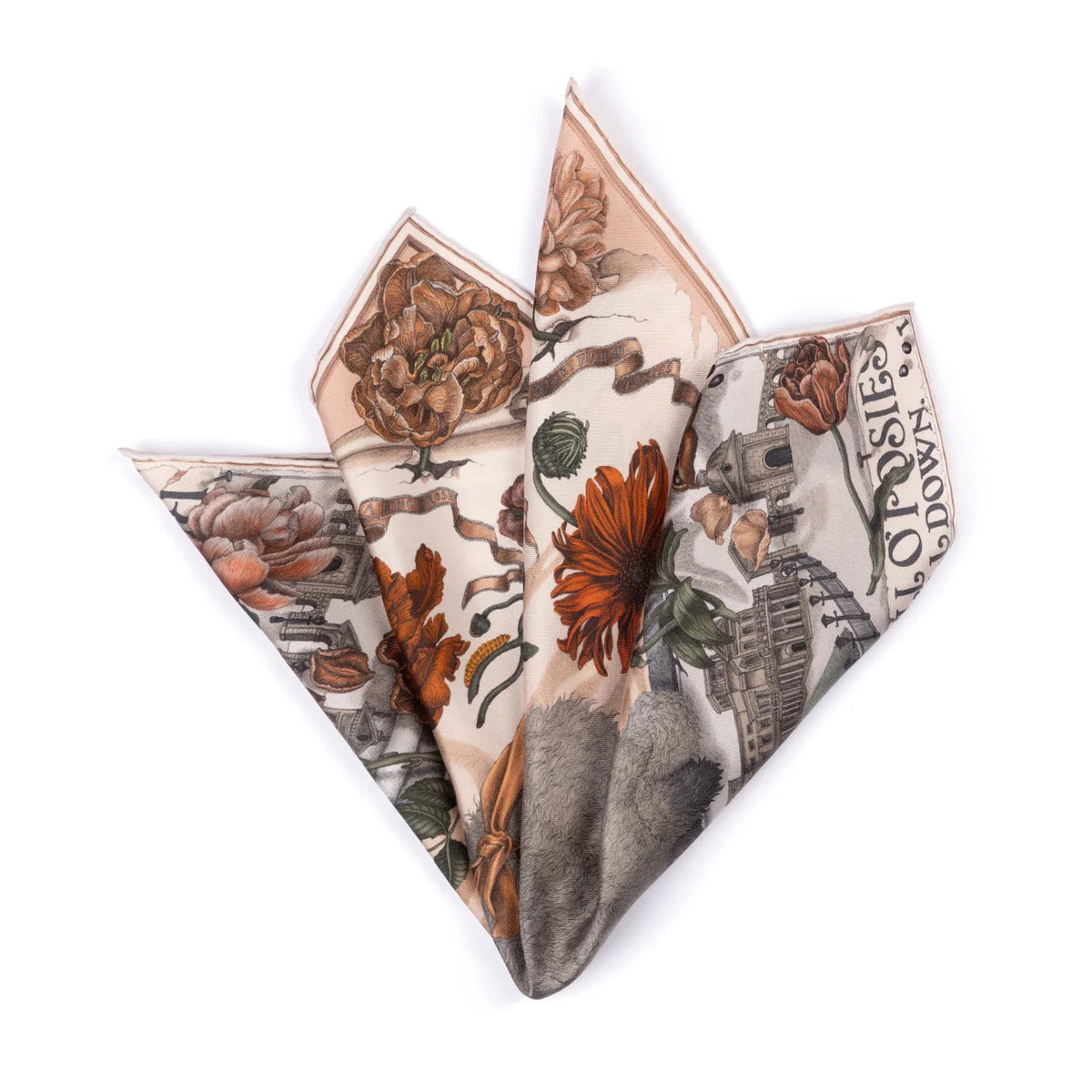 A person wearing a light beige short-sleeve top and skirt, accessorized with a SABINA SAVAGE - RING A RING O' ROSES SILK TWILL SCARF 42CM MARSHMALLOW.RHUBARB by SABINA SAVAGE ENGLAND, against a plain white wall.