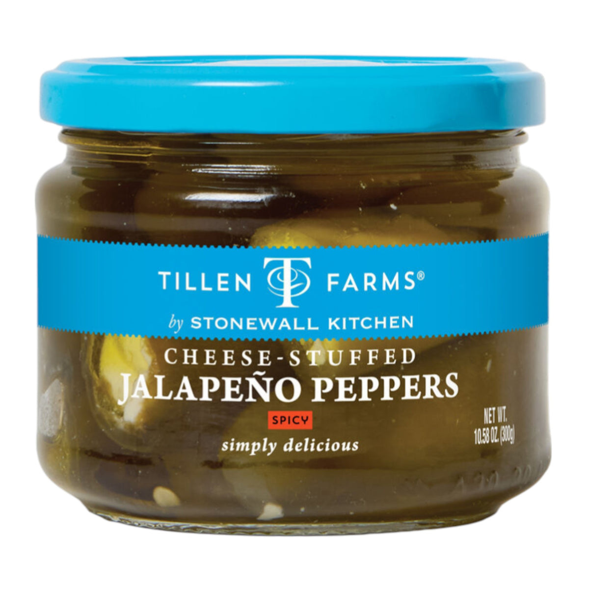 A glass jar of STONEWALL KITCHEN-TF Cheese Stuffed Jalapeno Peppers, with a blue lid and label. Ideal for antipasto or charcuterie boards, these visible peppers offer a spicy, delicious cheese-filled treat.
