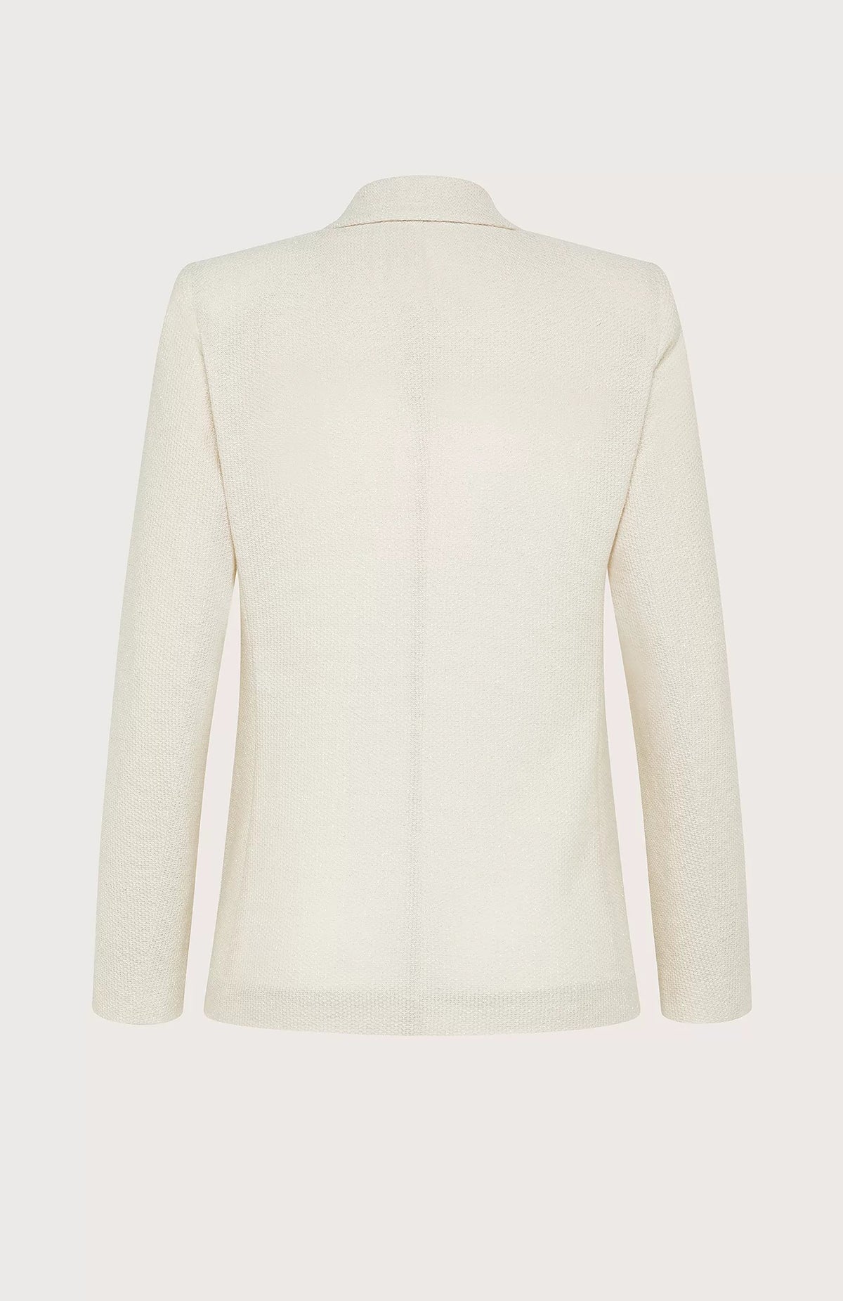 The SEVENTY VENEZIA single-breasted blazer from SEVENTY features a cream-colored fitted design with a notched lapel collar, two beige buttons at the front, and two front pockets. Made in Italy from textured lurex pique fabric, it includes a label inside the collar reading &quot;Seventy.