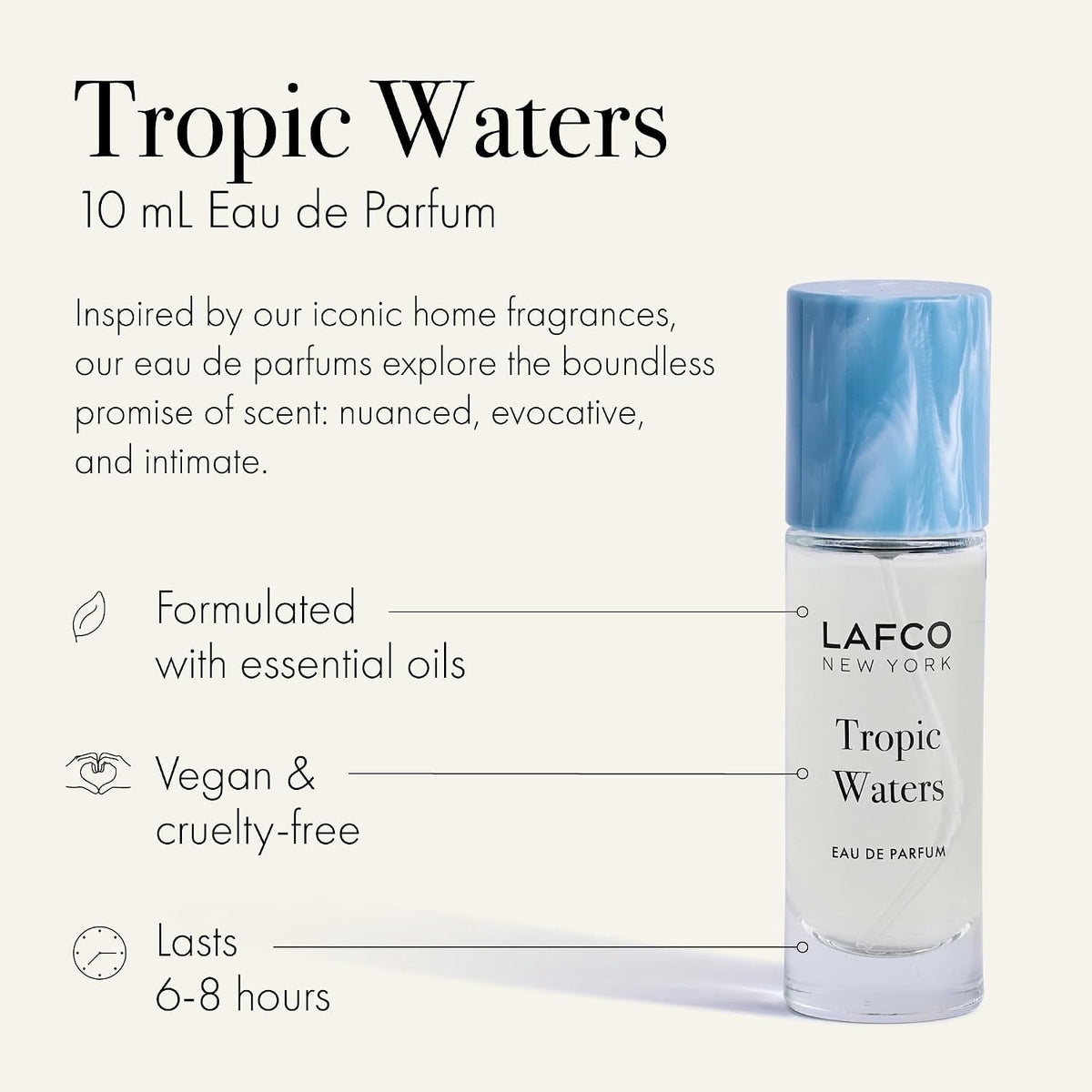 A LAFCO FINE FRAGRANCE, TROPIC WATERS 10ML box stands upright in a halved coconut, water splashing around it against a neutral background—an evocative display for this long-lasting scent inspired by the essence of coconut water.