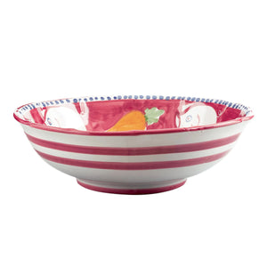 The VIETRI - MELAMINE CAMPAGNA LARGE SERVING BOWL is a durable serving piece that boasts an intricately painted interior. The inner design features a vibrant orange background adorned with colorful flowers and a blue and white bird. A dotted blue pattern graces the rim, making this bowl as functional as it is beautiful.