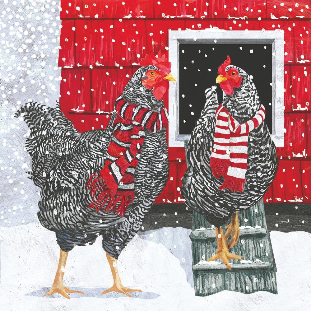 PAPER PRODUCTS DESIGN - HOLIDAY HENS BEVERAGE NAPKINS feature two black-and-white hens in red and white scarves by a red coop in the snow—a festive design perfect for your holiday table from PAPER PRODUCTS DESIGN.