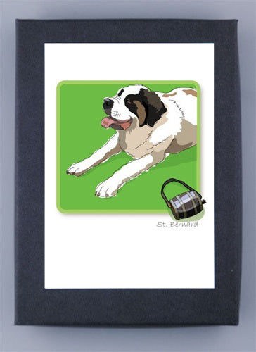 The PAPER RUSSELS - SAINT BERNARD BOX NOTES by PAPER RUSSELLS features an illustration of a St. Bernard dog on a green background, with a USA-made checkered-pattern bag in the bottom right corner.