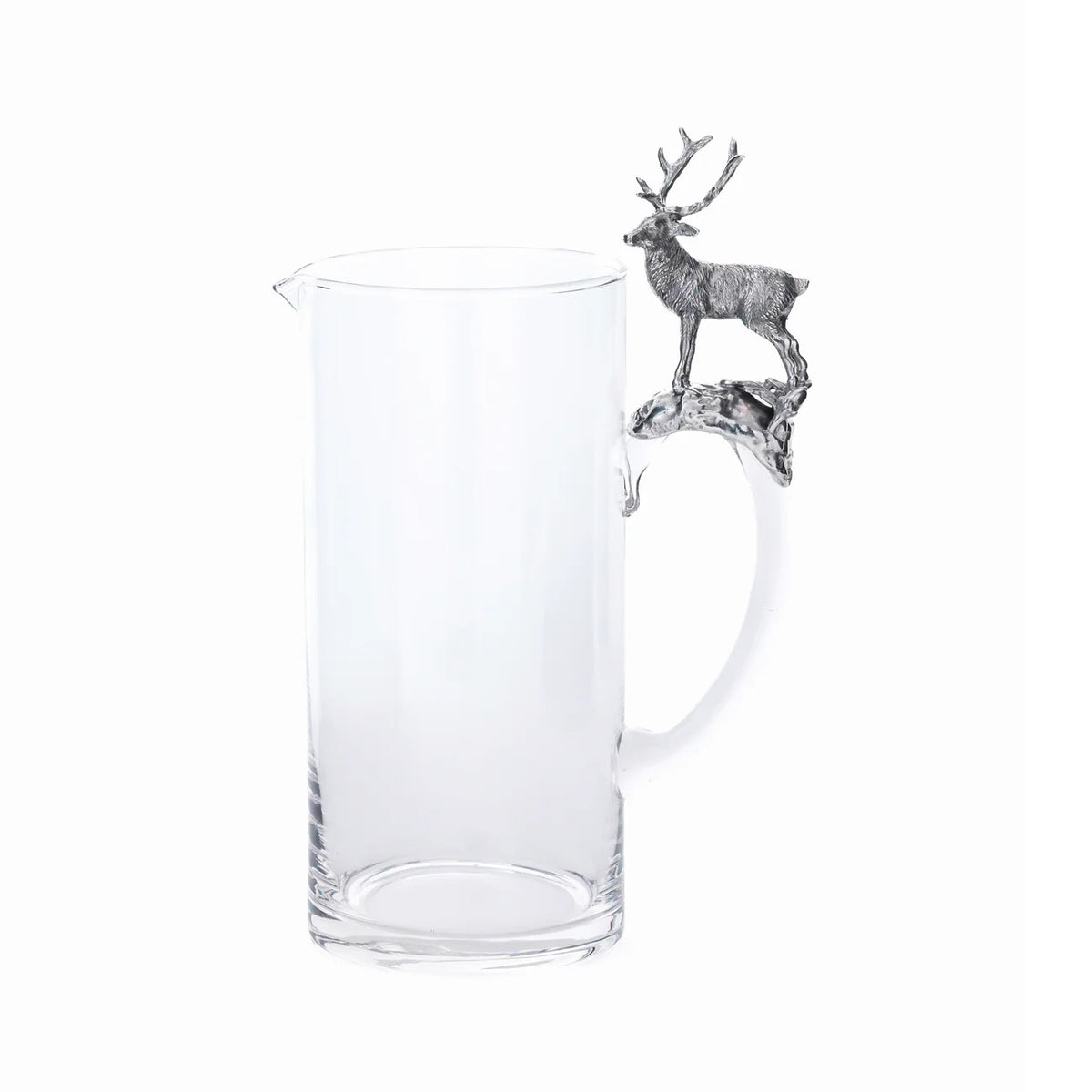 The ZODAX ST. MORITZ PEWTER PITCHER is a 1500 ml clear glass pitcher with a handle showcasing a detailed silver stag on a branch, a cylindrical shape, and a small spout—an elegant piece for any kitchen storage box collection.