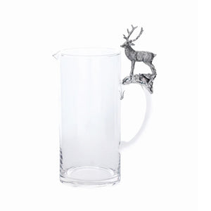 The ZODAX ST. MORITZ PEWTER PITCHER is a 1500 ml clear glass pitcher with a handle showcasing a detailed silver stag on a branch, a cylindrical shape, and a small spout—an elegant piece for any kitchen storage box collection.