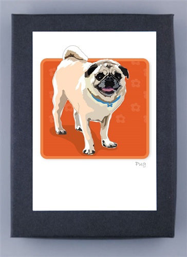 The PAPER RUSSELS - PUG BOX NOTES by PAPER RUSSELLS features a pug on an orange floral background, wearing a blue collar and framed in dark border. It’s printed on FSC-certified paper, blending charm with sustainability.