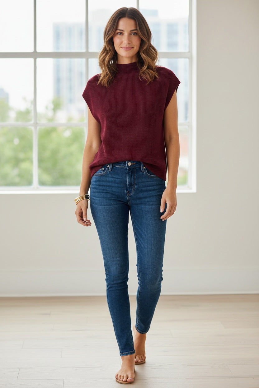 A woman is seen standing against a plain white background, smiling gently with one hand relaxed by her side, wearing the KINROSS CASHMERE Cap Sleeve Cashmere Rib Funnel in Cordovan from KINROSS, paired with blue jeans.