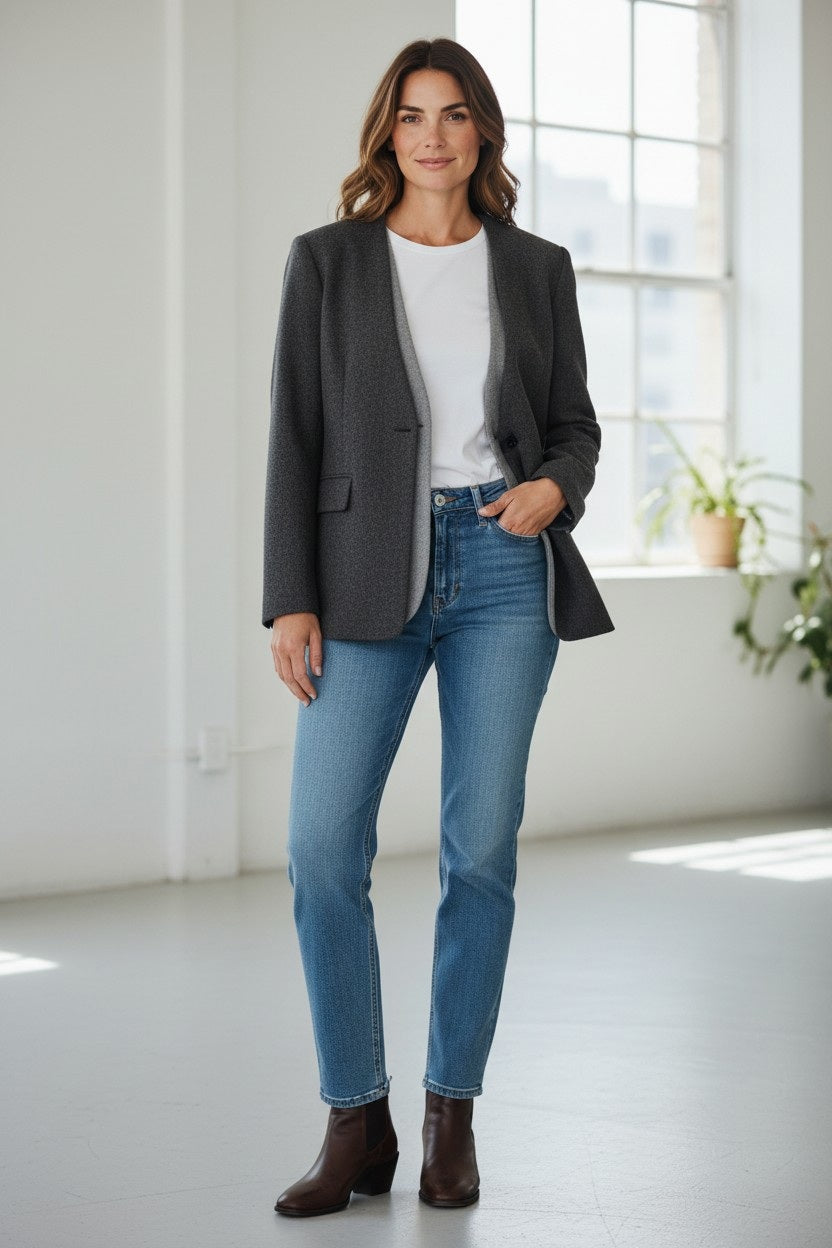 A woman stands indoors near large windows, wearing the ELEH - WOOL BLAZER WITH INSET GREY VEST by ELEH, styled with a white t-shirt, blue jeans, and brown ankle boots. A green potted plant sits in the background as natural light fills the bright room.