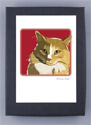 Illustration of a brown cat with distinct white markings on an earthy red background, framed within a chic black border and crisp white mat. The original PAPER RUSSELLS - BROWN CAT NOTE CARDS by PAPER RUSSELLS are crafted on recycled paper, capturing the cat&#39;s serene and inquisitive expression.