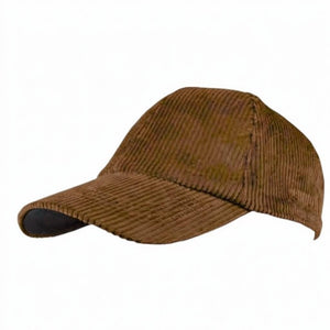 Close-up of the WIGENS Contemporary Corduroy Baseball Cap in Camel, highlighting its textured brown surface with evenly spaced vertical ridges that resemble premium quality corduroy, complete with an adjustable metal buckle for a customized fit.