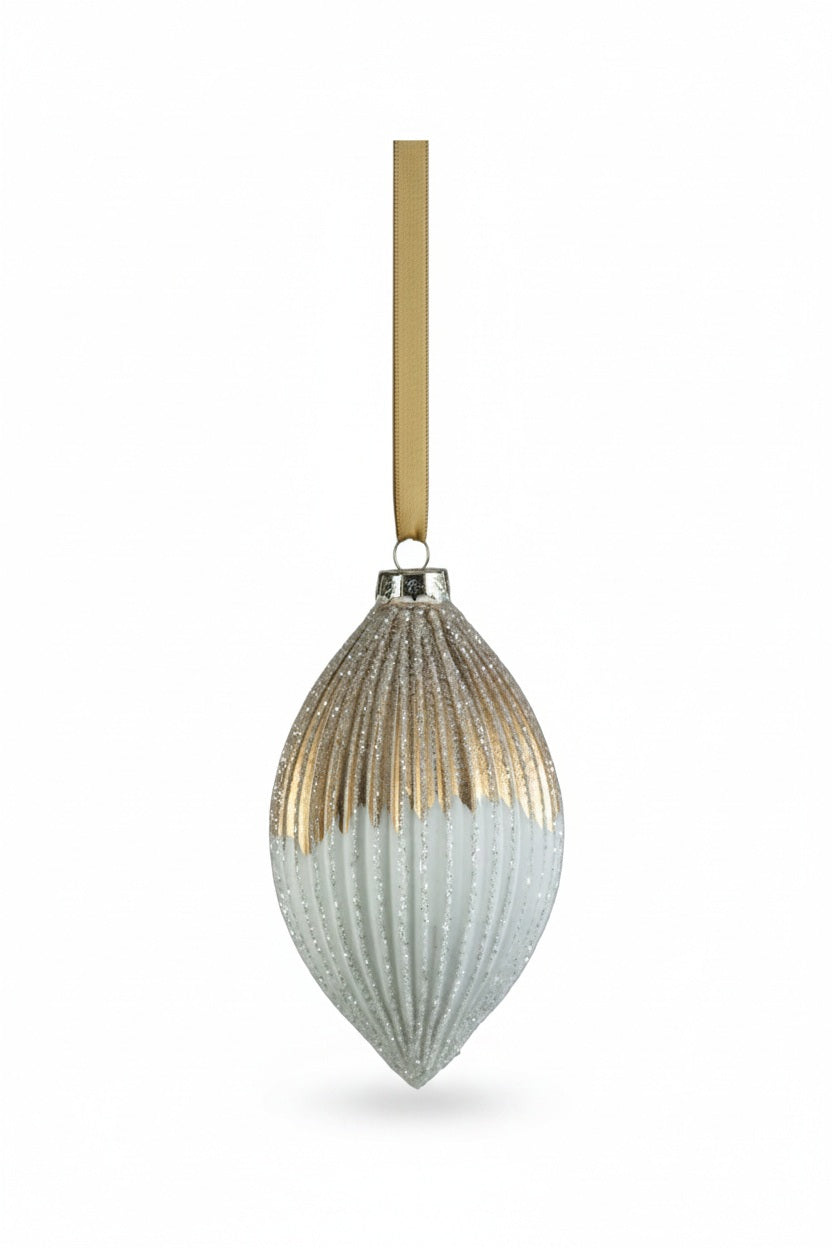 Six RIBBED TOW TONED GLASS TEAR FROP ORNAMENTs in round and teardrop shapes hang from ribbons, measuring 2.25 x 5.25 inches each with a metallic gold top half and a white glittery bottom half.