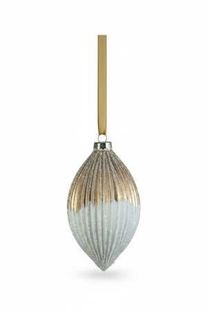 Six RIBBED TOW TONED GLASS TEAR FROP ORNAMENTs in round and teardrop shapes hang from ribbons, measuring 2.25 x 5.25 inches each with a metallic gold top half and a white glittery bottom half.