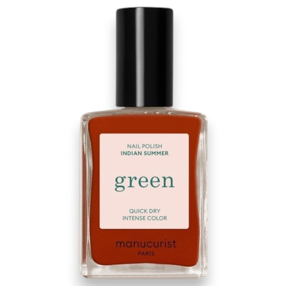Discover a color chart featuring twelve stunning red lipstick shades—Coral Reef, Brique, Lava, Terracotta, Spicy, Indian Summer, Red Coral, Dark Dahlia, Poppy Red, Red Velvet, Anémone, Pomegranate, Red Cherry, and Bohème—each beautifully enhanced by pairing with MANUCURIST GREEN™ Nail Polish in Indian Summer from MANUCURIST INC for a perfectly polished and coordinated look.
