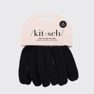 A set of six KITSCH Thick Nylon Hair Elastics, made from recycled materials, comes with a light pink label featuring the KITSCH brand and "Hair Elastics 6pk Set.