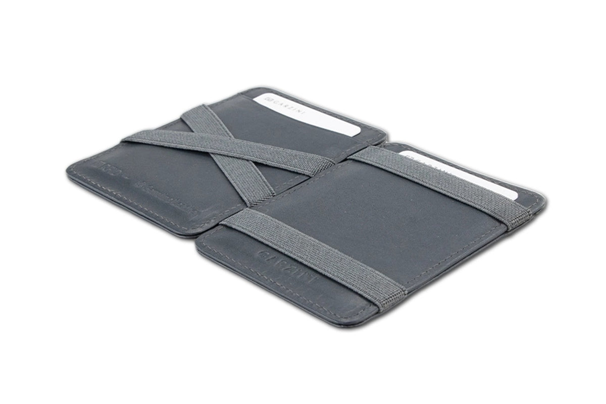 The GARZINI Magic Slim RFID-blocking leather wallet in grey is ultra slim and minimalist, featuring elastic straps to secure cards and cash, top grain leather construction, and a modern design.