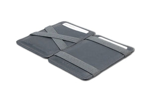 The GARZINI Magic Slim RFID-blocking leather wallet in grey is ultra slim and minimalist, featuring elastic straps to secure cards and cash, top grain leather construction, and a modern design.