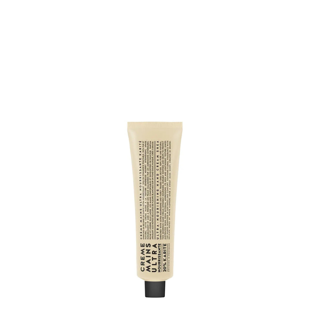 A beige tube of CIE LUXE BRANDS COMPAGNIE DE PROVENCE TRAVEL HAND CREAM SHEA BUTTER 1OZ with black text and cap stands upright against a plain white background.