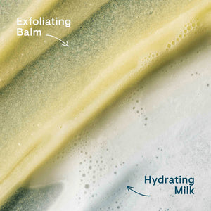 A tube of ELEMIS - PRO-COLLAGEN GLOW BOOST EXFOLIATOR by ELEMIS - STEINER lies next to a dollop of its contents on a light surface. Text explains the key ingredients: starflower oil, rose & mimosa waxes, padina pavonica, and cellulose exfoliating beads, highlighting their benefits.