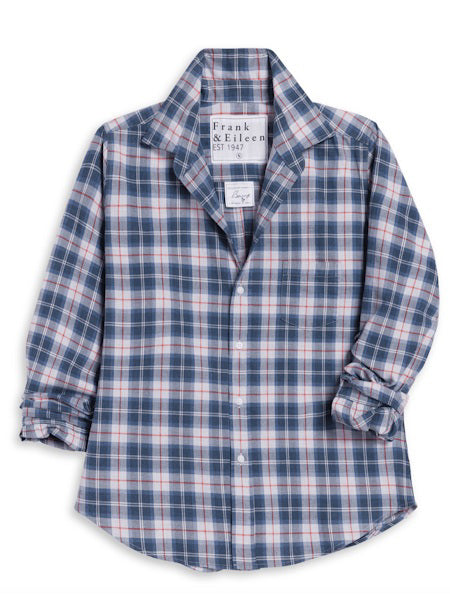 This FRANK &amp; EILEEN EILEEN Relaxed Button Up in Italian flannel features a grey and red plaid, a relaxed fit, open collar, rolled sleeves, and bust-flattering button placement. The label reads &quot;FRANK &amp; EILEEN EST 1947.