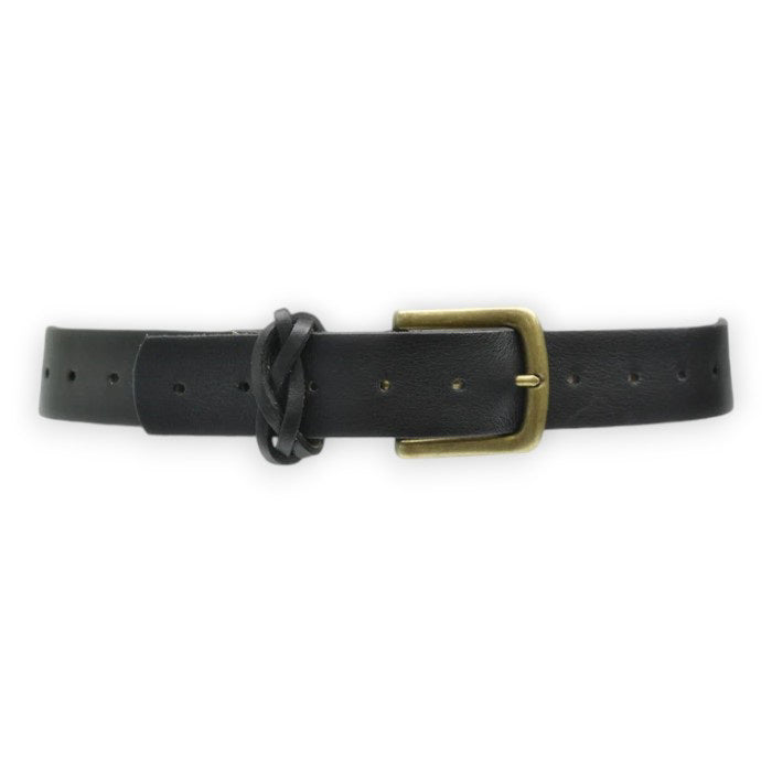 The ADA - TOUGH GUY BELT by ADA is a stylish black leather belt, handcrafted by artisans from genuine Argentinian leather. It includes a brass square buckle, multiple adjustment holes, and a small loop to secure the strap’s end. The belt is displayed flat on a white background.
